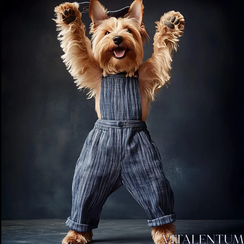 Joyful Dog in Blue Overalls AI Image