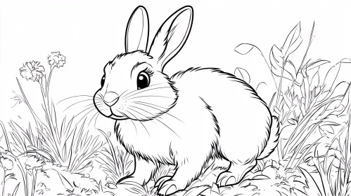 Monochrome Rabbit Sketch in Floral Field