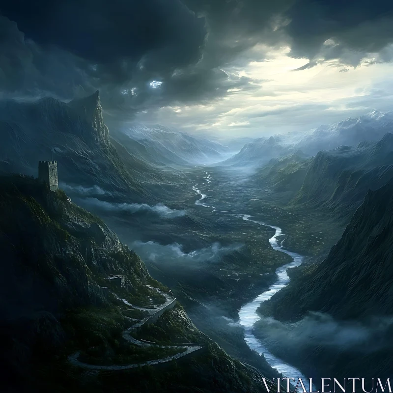 Serene Mountain Valley with River and Castle AI Image