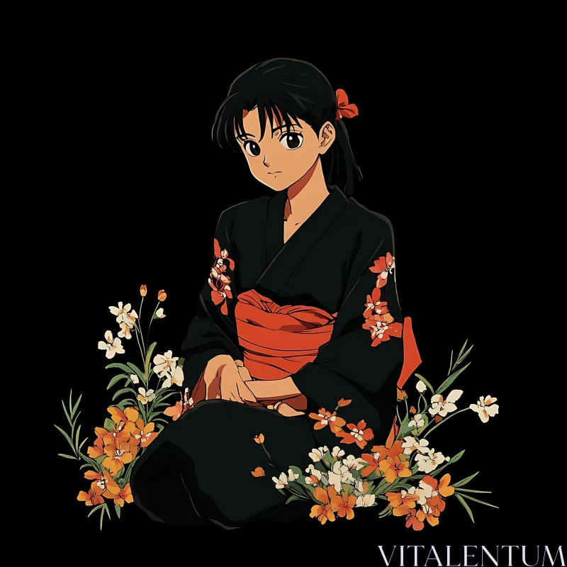 Anime Woman in Floral Kimono Surrounded by Blossoms AI Image