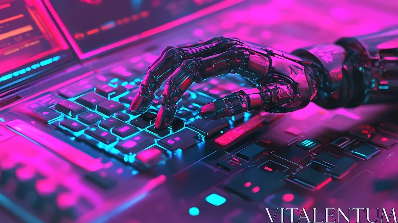 Robotic Hand on Illuminated Keyboard AI Image