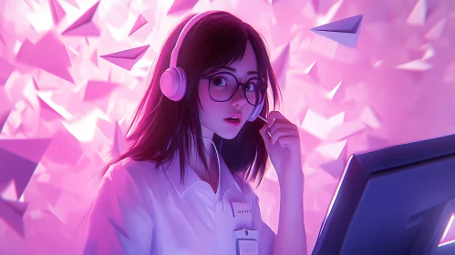 Anime Art: Girl with Headphones in Pink