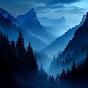 Misty Blue Mountains and Forest View