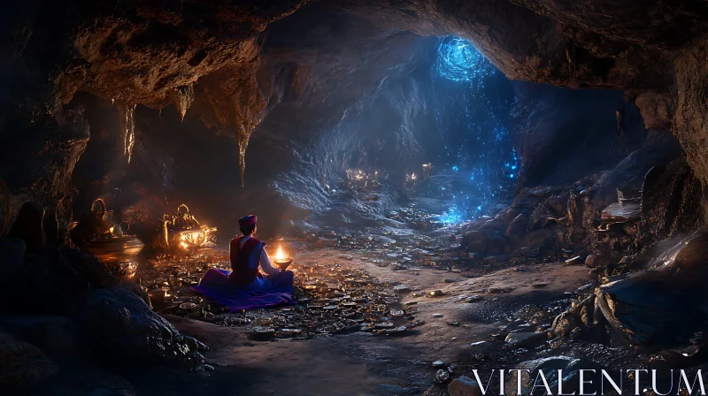 Meditative Pose in a Treasure Cave AI Image