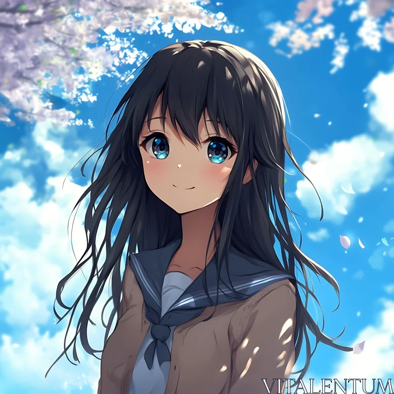 Anime Girl with Blue Eyes under Blossoms AI Image