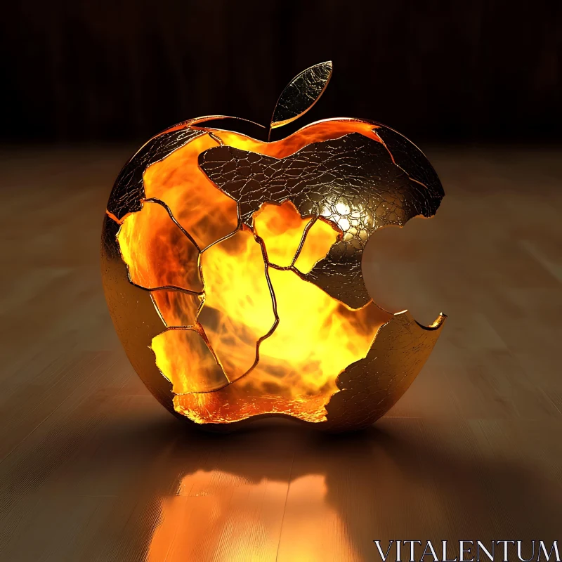 Fiery Golden Apple with Cracks AI Image