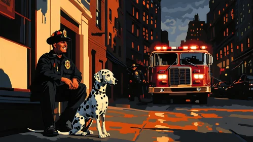 Firefighter with Dalmatian in Night City