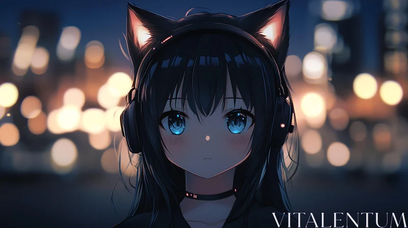 Nighttime Anime Portrait with Cat Ear Headphones AI Image