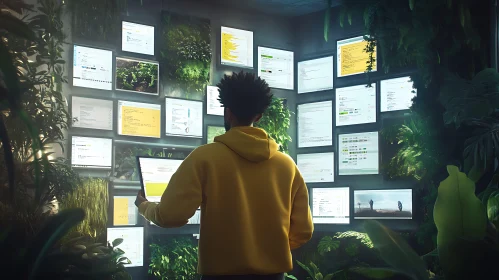 Man in Hoodie Surrounded by Screens and Plants