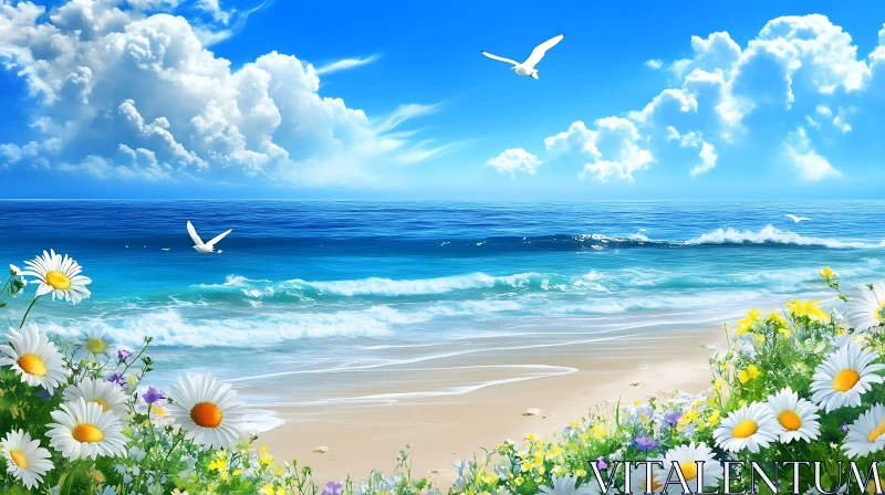 AI ART Seagulls and Wildflowers on a Sunny Beach