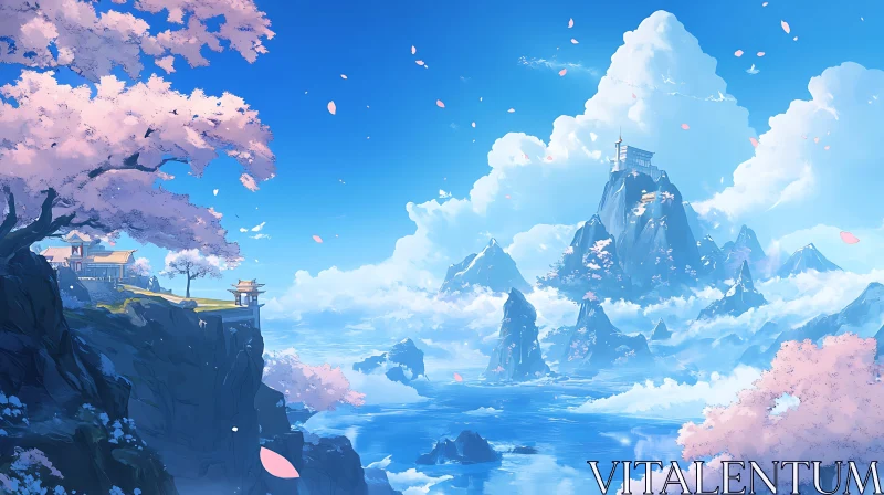 Mystical Mountain Scenery with Blossoms and Clouds AI Image