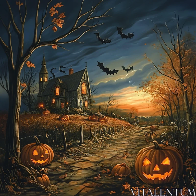Eerie Halloween Scene with Bats and Pumpkins AI Image