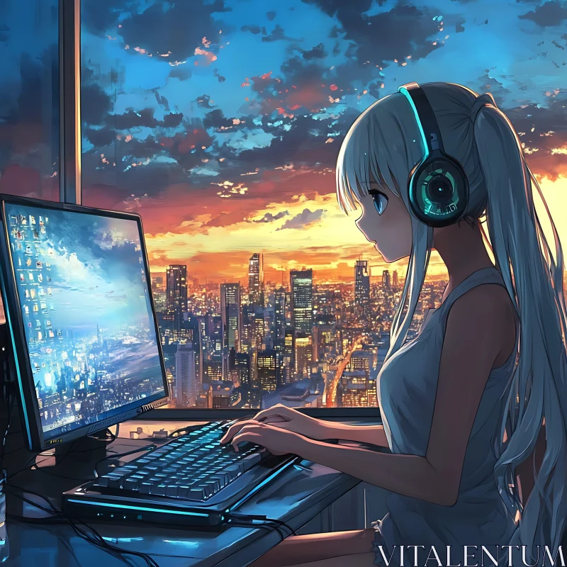 Gamer Girl in High-Rise at Sunset AI Image