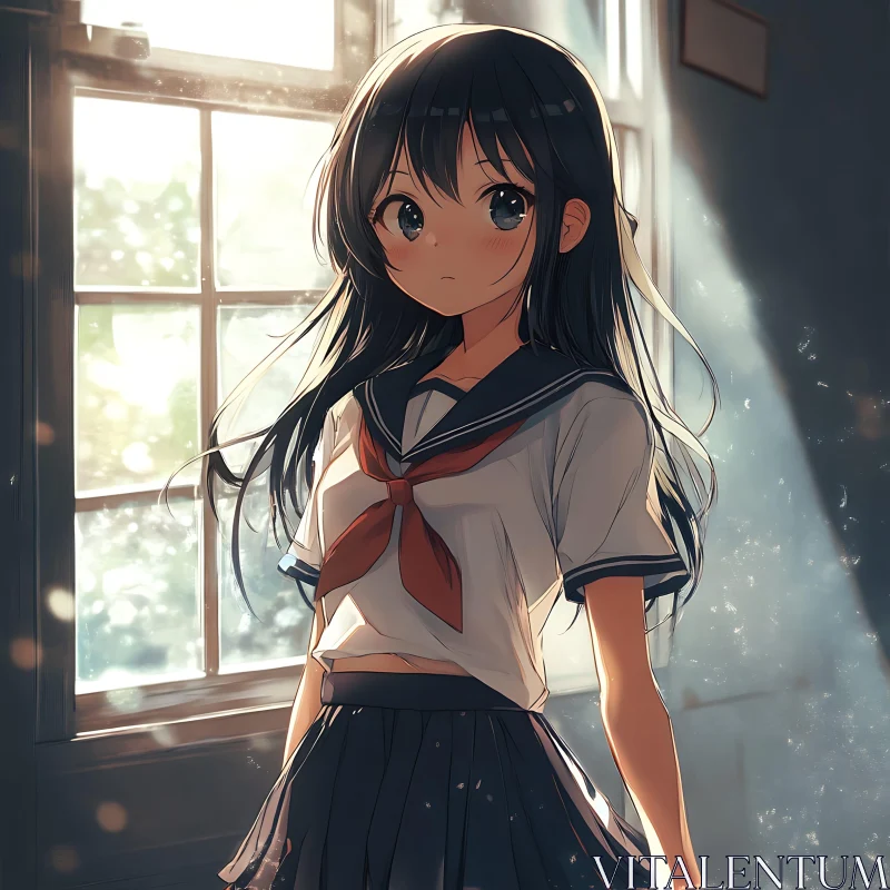 Anime Schoolgirl by the Window AI Image