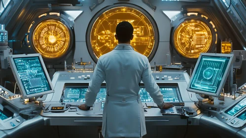 Man in Lab Coat at Console