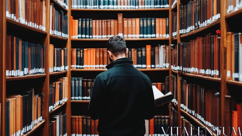 Man Reads in Classic Book Library AI Image