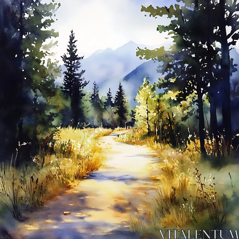 AI ART Watercolor Forest Trail Art