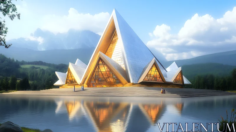 Modern Pyramid Building by a Serene Lake AI Image