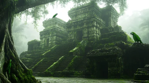 Lost Temple with Green Parrots