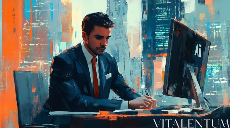 AI ART Contemplative Man at Work in Cityscape