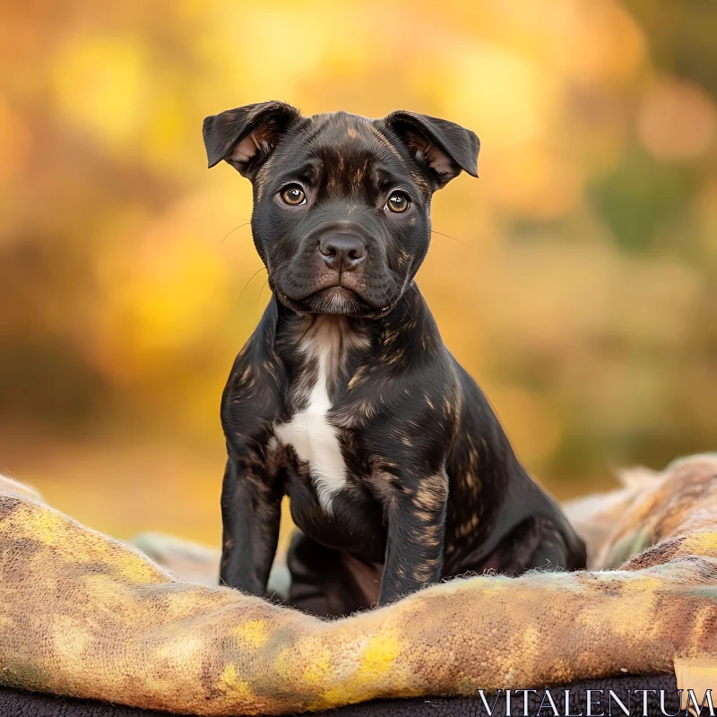 Cute Puppy with Brindle Coat in Autumn Setting AI Image