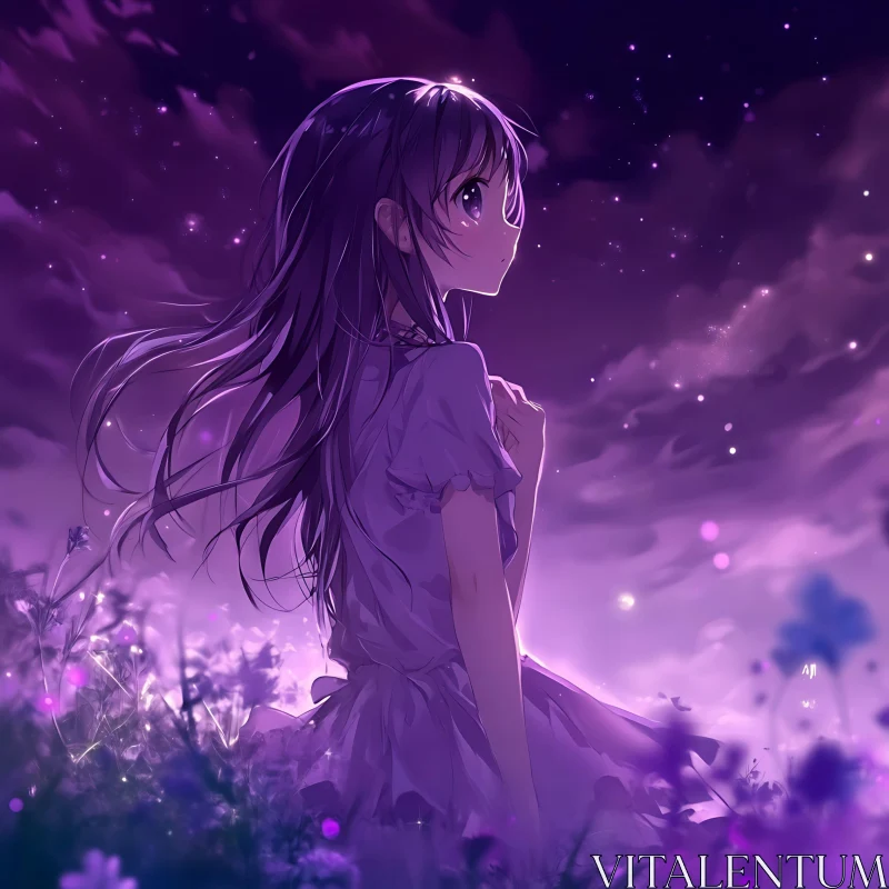 Serene Anime Scene with Purple Night Sky AI Image