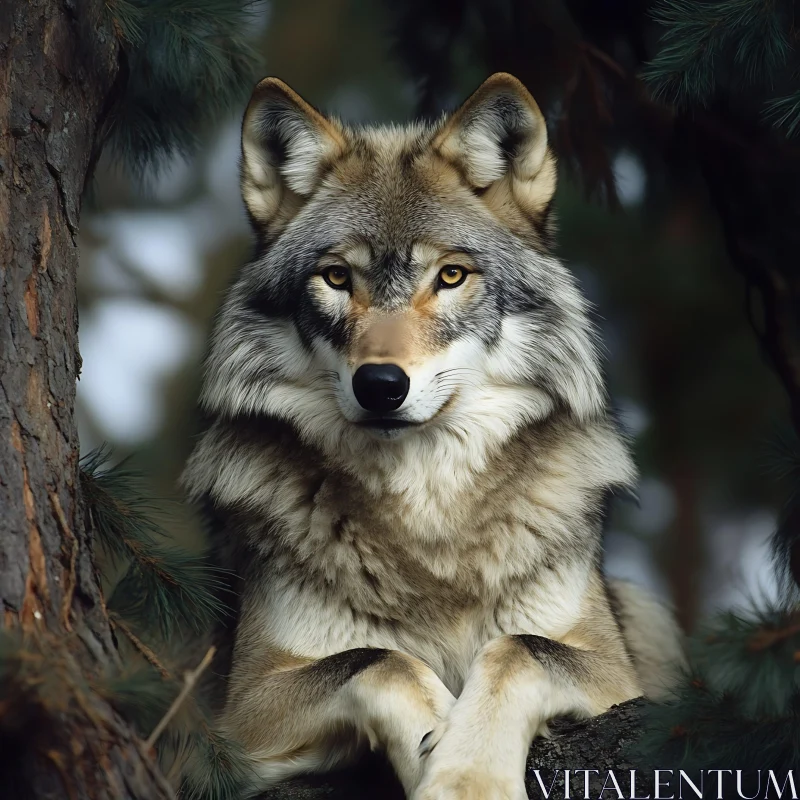 Wolf on a tree branch AI Image