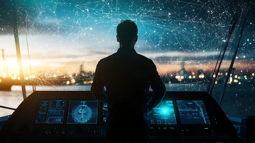 Man at Console: Futuristic Cityscape