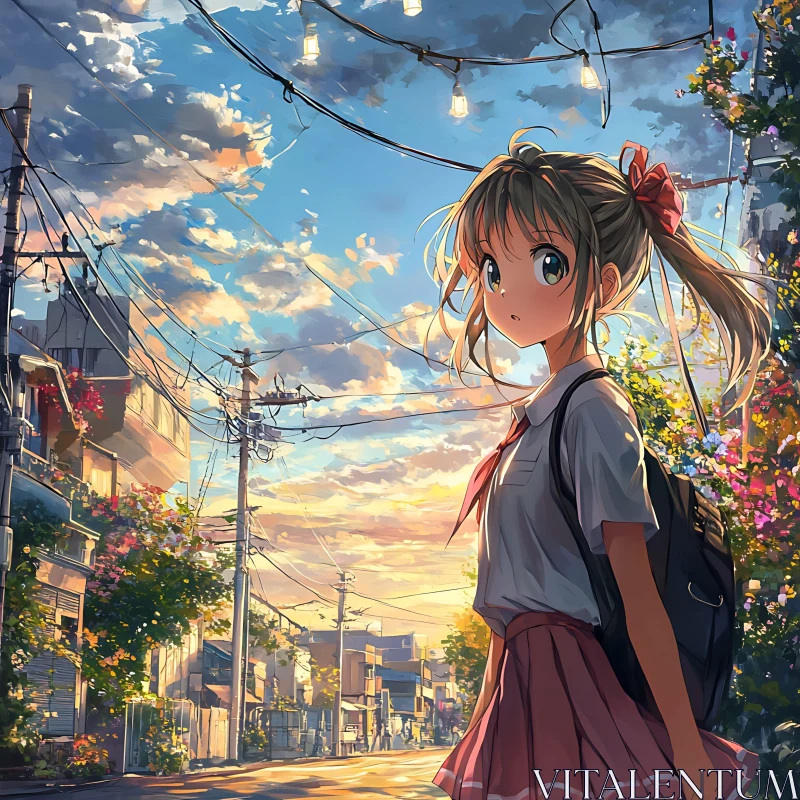 Anime Schoolgirl at Dusk AI Image