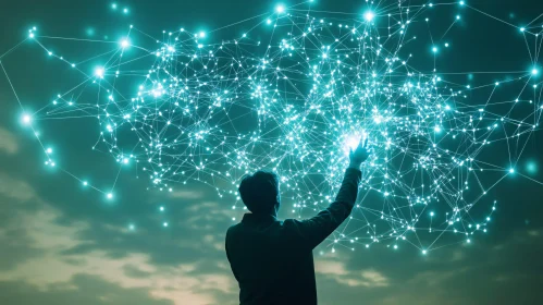 Man Touching Digital Network in Twilight
