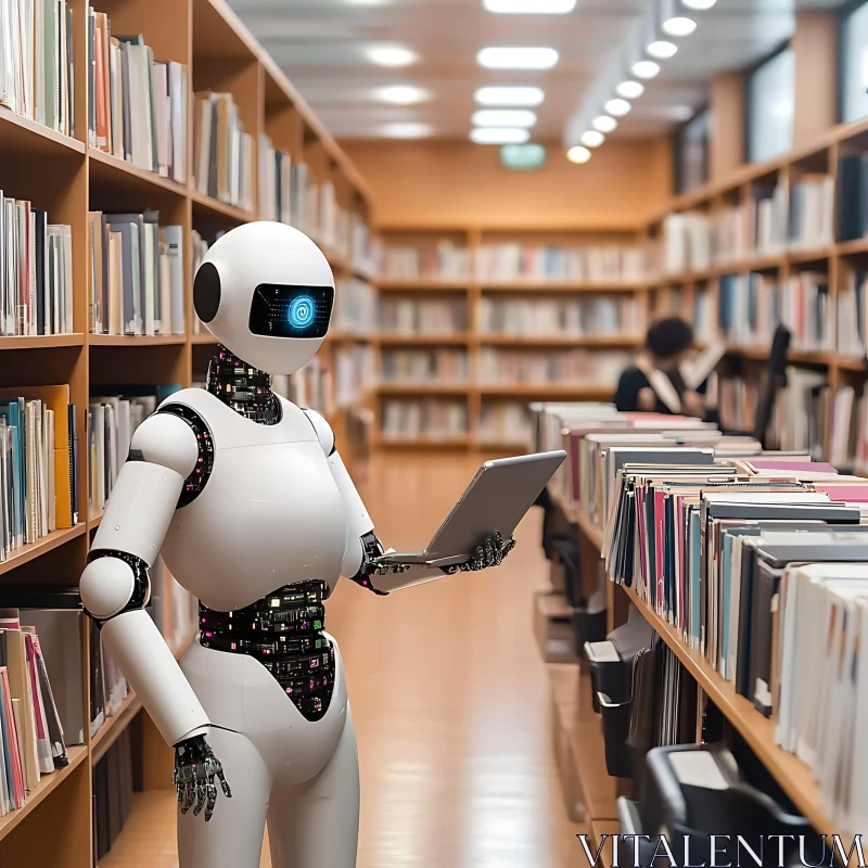 Futuristic Robot Assistant in Library AI Image