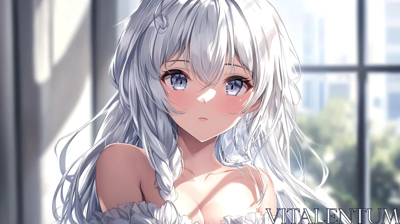 Anime Style Girl with White Hair and Blue Eyes AI Image