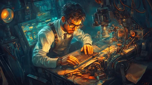 Steampunk Engineer at Work Illustration