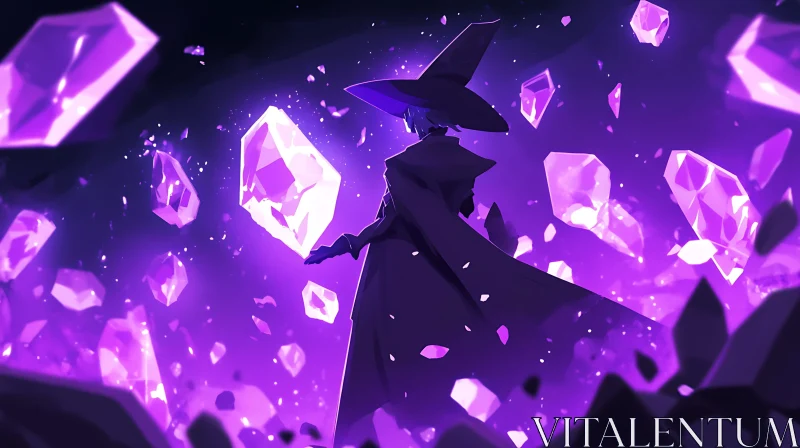 Mystical Witch with Floating Crystals AI Image