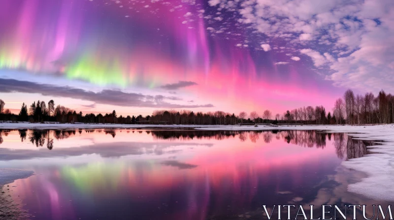 Mesmerizing Northern Lights Reflected in Tranquil Lake AI Image