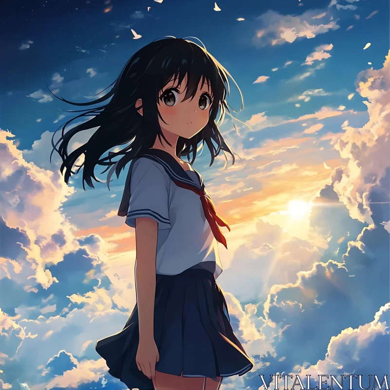 Serene Anime Girl in Sunset Clouds AI Image