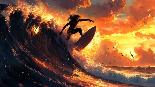 Surfer Riding Wave at Sunset