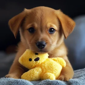 Cute Puppy Hugging a Teddy Bear