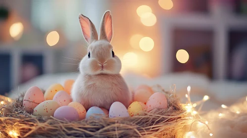 Fluffy Bunny in Nest of Easter Eggs