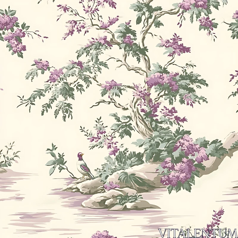 AI ART Lilac Blossoms and Bird Serenity