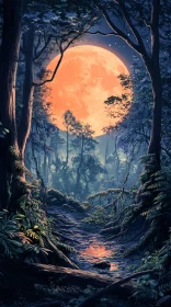 Mystical Nighttime Forest with Glowing Orange Moon