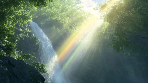 Nature's Wonder: Waterfall and Sunlight in Forest