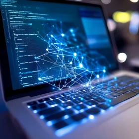 Futuristic Laptop with Blue Data Streams