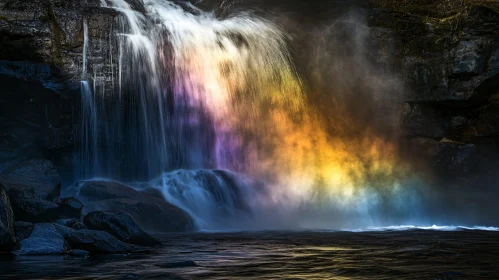 Rainbow Illuminated Waterfall in Nature