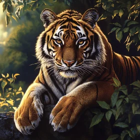 Resting Tiger Among Green Leaves