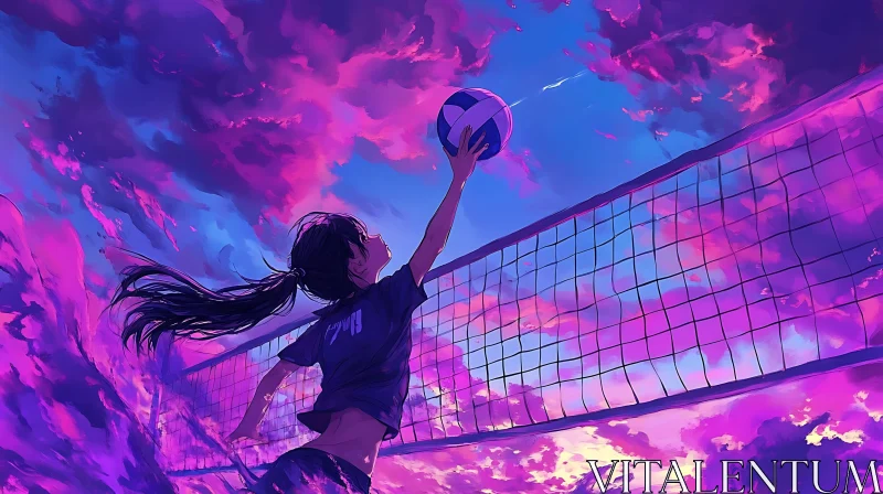 Anime Volleyball Player Reaching for the Ball in a Colorful Sunset AI Image