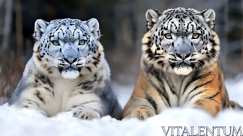 Two Big Cats in Winter Snow AI Image