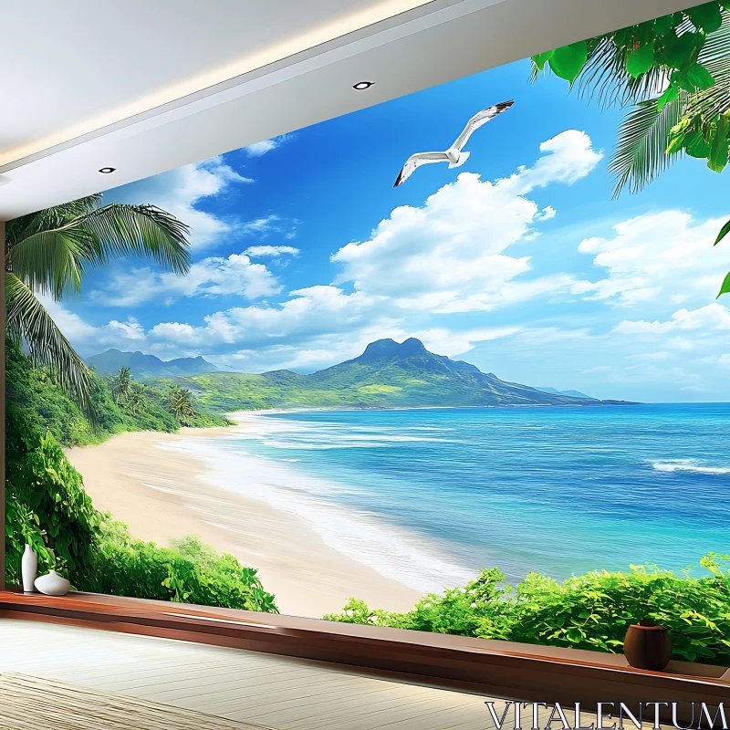 Tranquil Beach Scene with Seagull AI Image