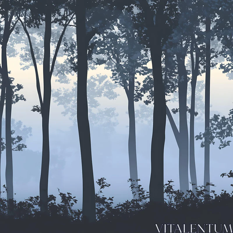 AI ART Misty Woodland with Tall Trees