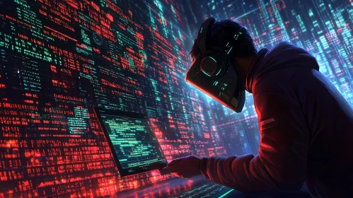 Cyberpunk Hacker in Digital Matrix
